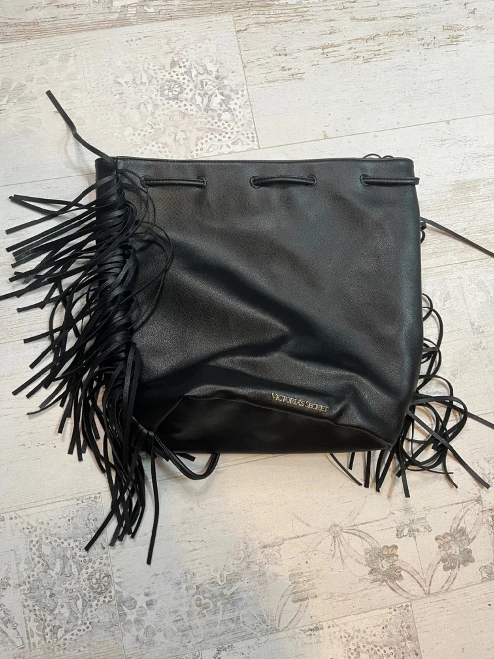 Victorias Secret Black Fringe Backpack Faux Leather
